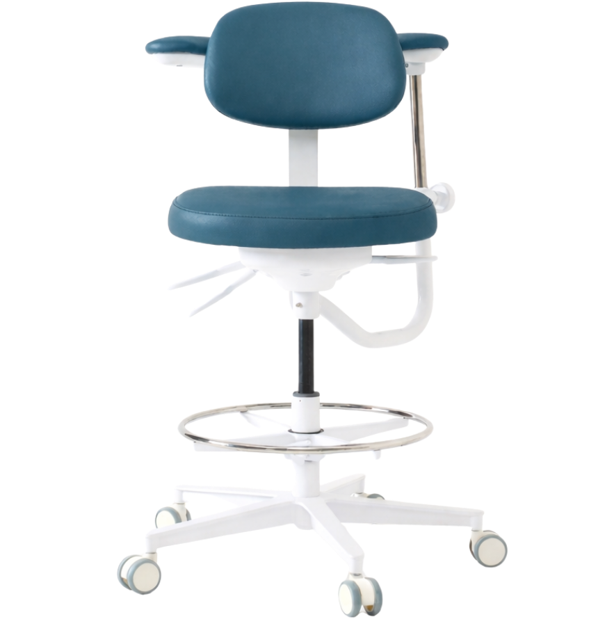 Dental assistant stool with backrest and wheeled base