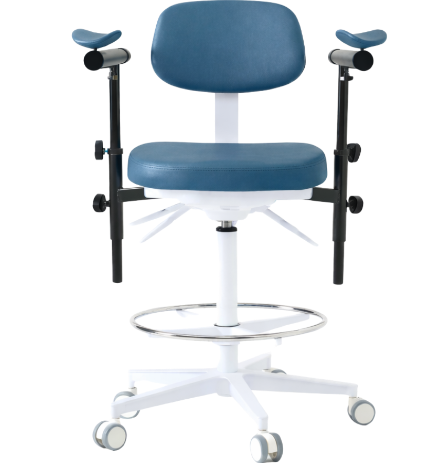 Dental assistant stool with adjustable armrests and wheeled base