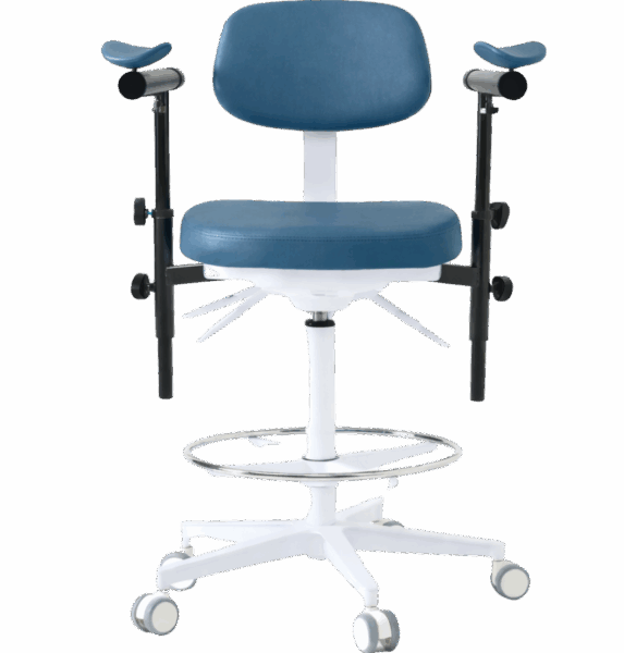 Iris microscope stool with ergonomic seat, adjustable arm supports and wheeled base